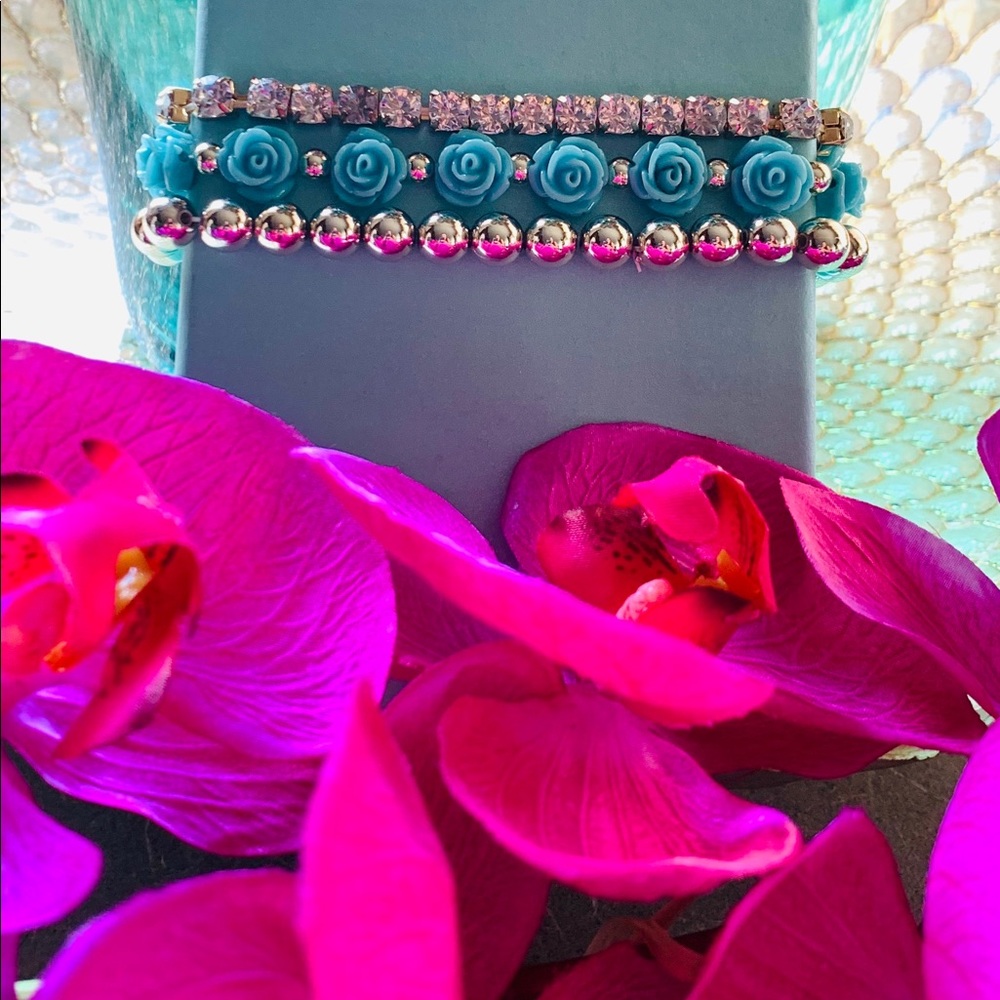 🥳HP Bracelets stretch teal rose CZ sparkly silver